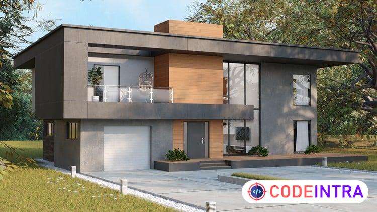 Build a modern villa with accurate measurements in Blender preview